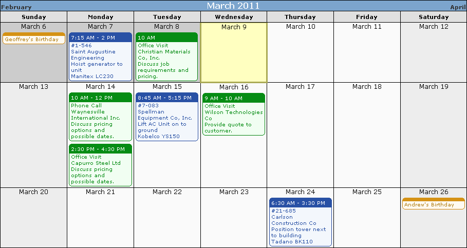 iCraneTrax Dashboard Calendar